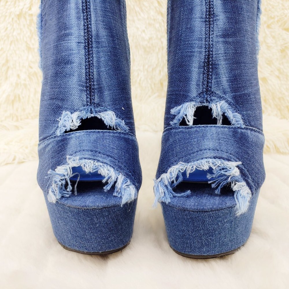 Stretch Denim Frayed Trim Ankle Boots 6" Heels_11
